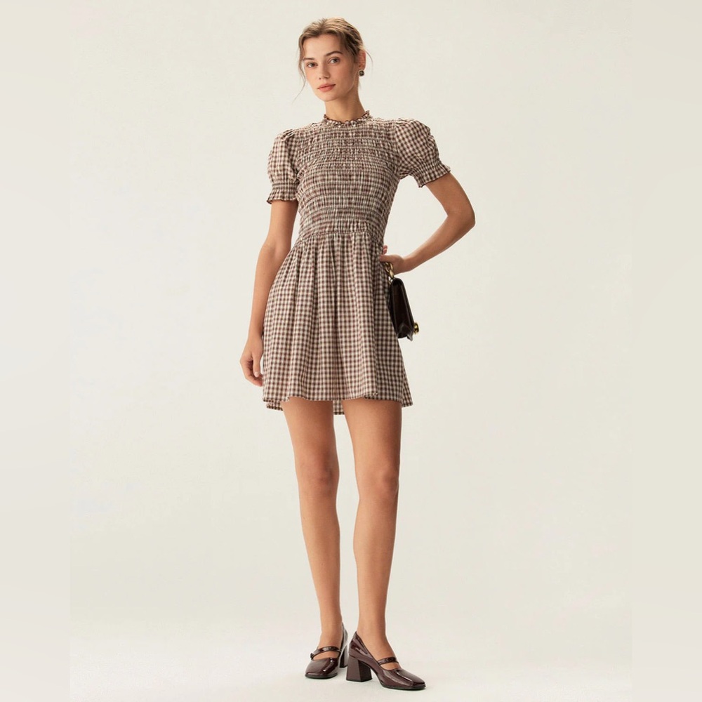 RIHOAS Coffee Plaid Puffed Sleeve Mini Dress - Picture 4 of 6